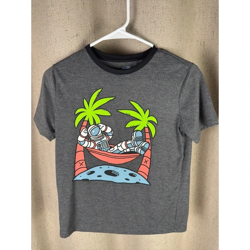Old Navy Graphic Tee Boys Large 10-12 Gray Excellent Astronaut Moon Palm Tree